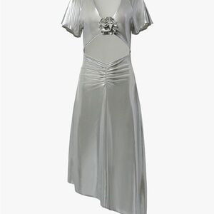 WeWoreWhat Silver Liquid Foil Asymmetrical Cutout Dress Rosette Midi WWD80-01 M